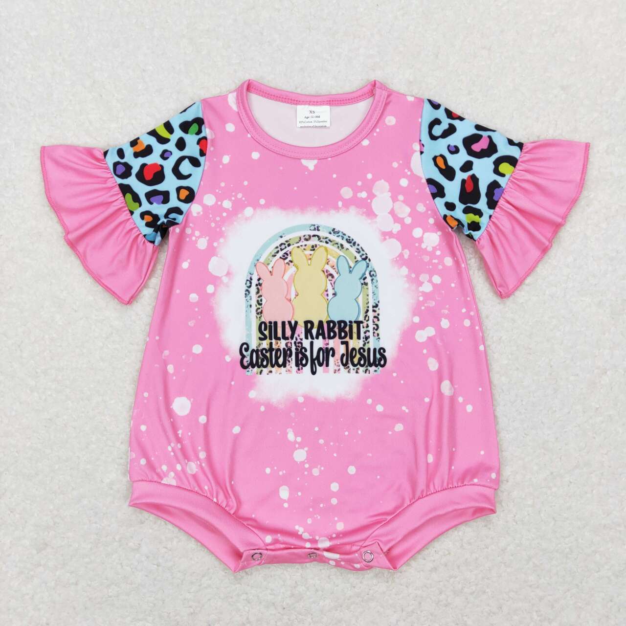 SR0550 Pink Easter Rabbit leopard Girls Short Sleeve Romper