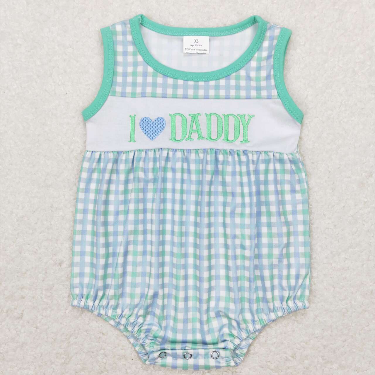 SR0714 Green Blue I Love Daddy Embroidery Girls Short Sleeve Romper