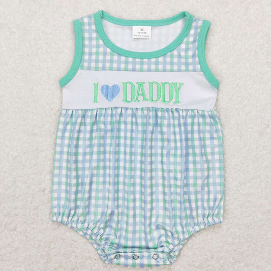 SR0714 Green Blue I Love Daddy Embroidery Girls Short Sleeve Romper
