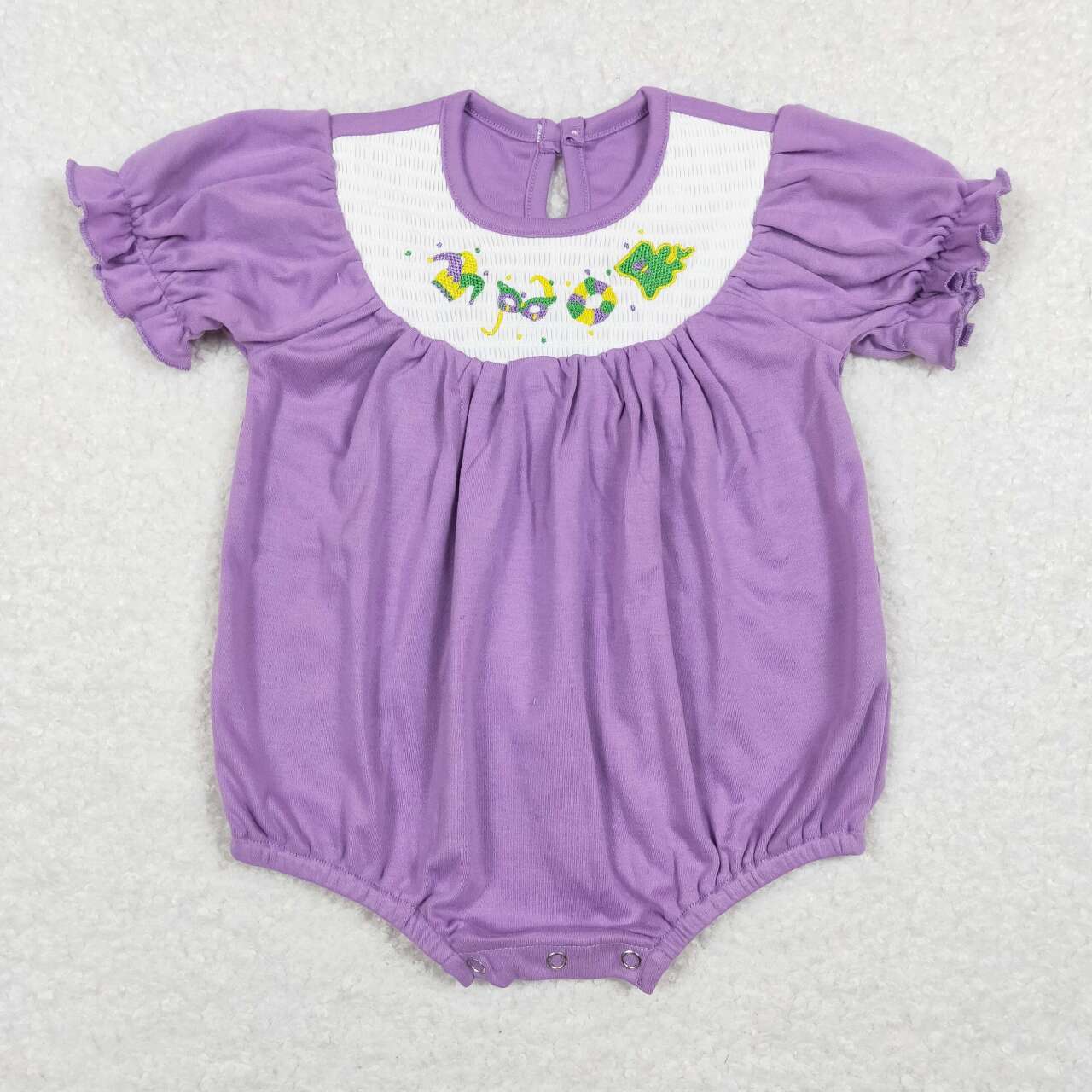 SR0472 Mardi Gras Purple Green Embroidery Girls Short Sleeve Romper