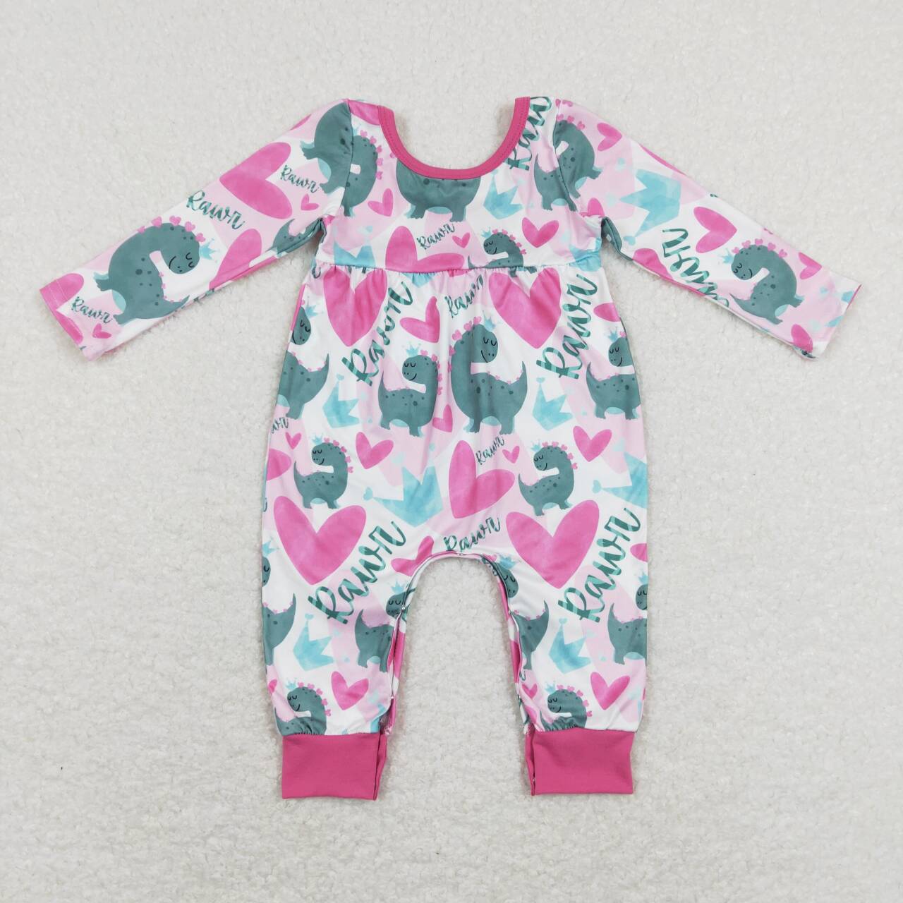 LR0877 Valentine Love Blue Pink Dinosaur Girls Long Sleeve Romper