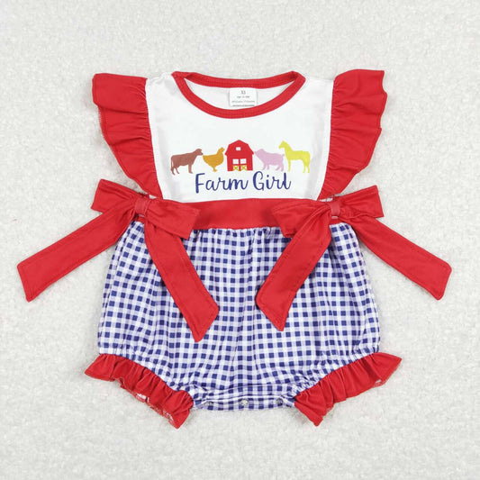 SR0696 Red Blue Softball Embroidery Girls Short Sleeve Romper