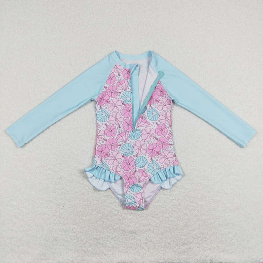 S0182 Blue Purple Floral Girls Swimming Bathing Suits Swimsuits