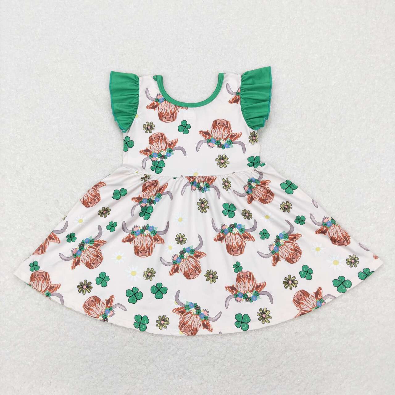 GSD0647 St. Patrick Clover Green Highland Cow Girls Short Sleeve Dresses