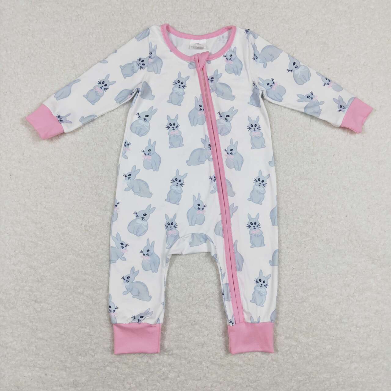LR0836 Easter Rabbit Pink Zipper Girls Long Sleeve Romper