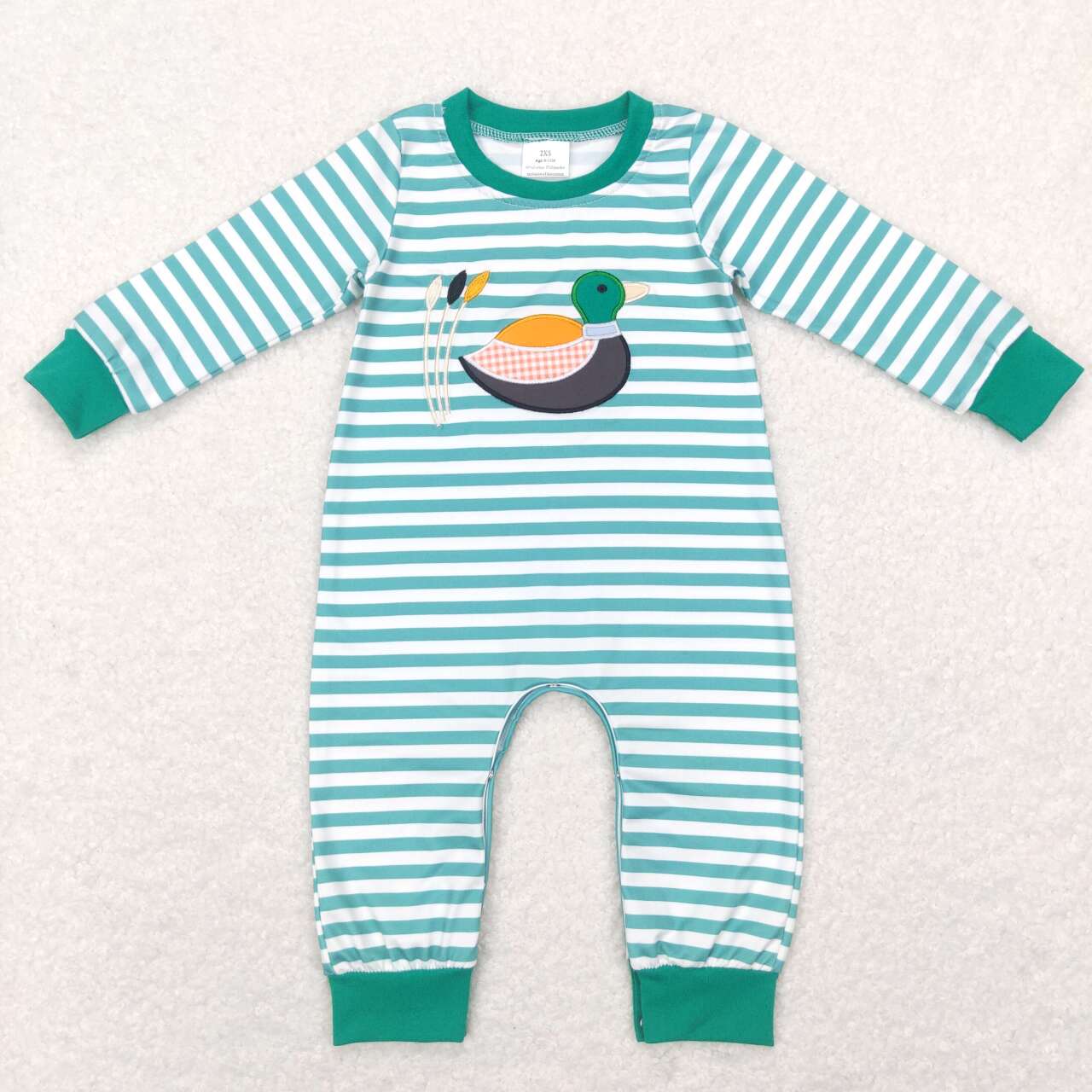 LR0834 Green Duck Bird Embroidery Girls Long Sleeve Romper