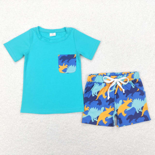 BSSO0444 Blue Dinosaur Pocket Boys Short Sleeve Shorts Outfits
