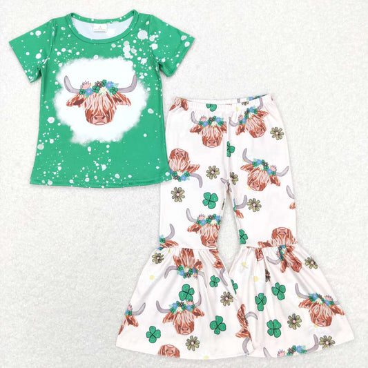 GSPO1180 St. Patrick Green Lucky Clover Cow Girls Short Sleeve Bell Bottom Pants Outfits