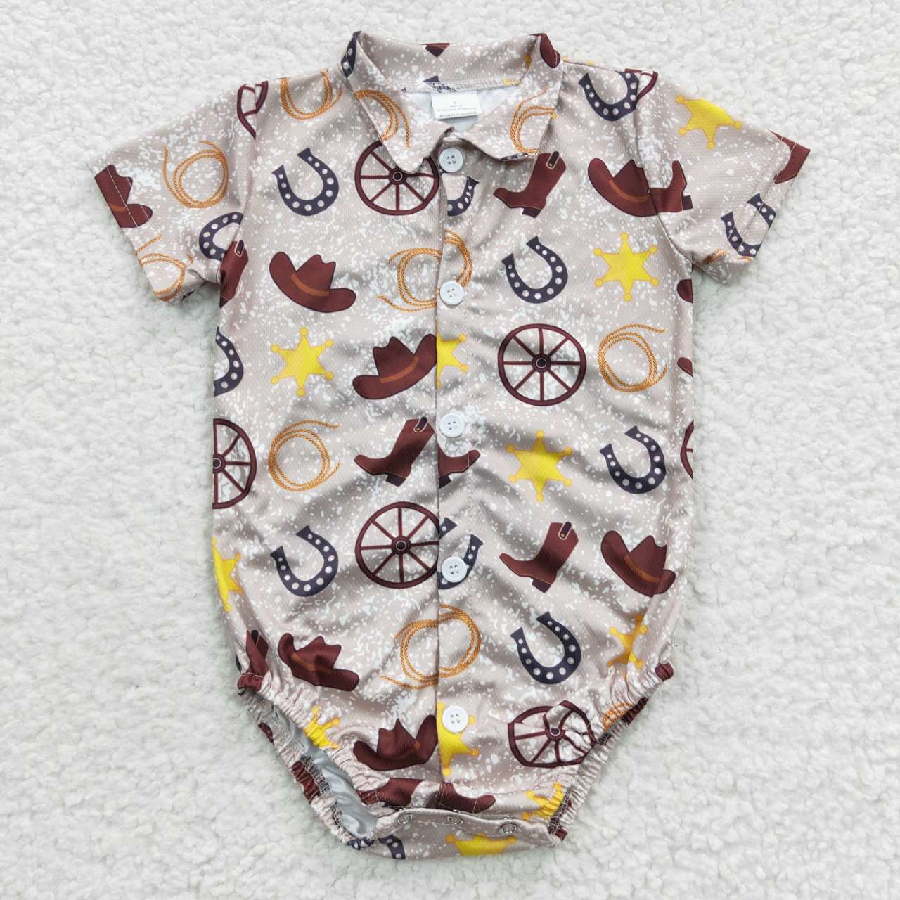 SR0399 Brown Rodeo Cowboy Western Collar Girls Short Sleeve Romper