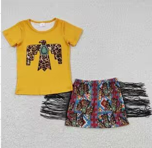 promotion RTS GSD0287 Bird Leopard Tassel Western Yellow Girls Short Sleeve Shorts Outfits
