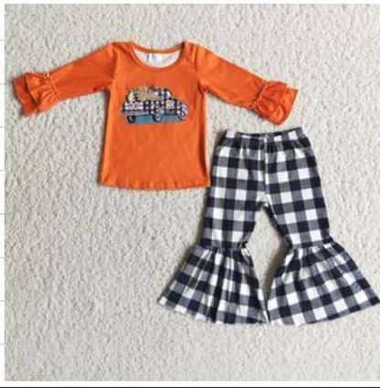 Promotion RTS 6 A8-29 Halloween Pumpkin Orange Plaid Car Girls Long Sleeve Pants Outfits