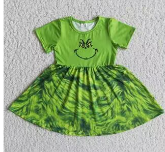 E3-3 Christmas Green Cartoon Girls Flutter Sleeve Dresses
