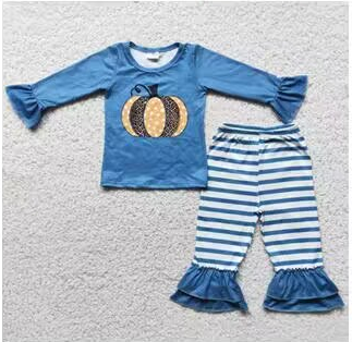 promotion RTS 6 C10-39 Halloween Pumpkin Blue Leopard Girls Long Sleeve Bell Bottom Pants Outfits