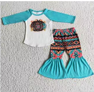 promotion RTS 6 A18-14 Halloween Pumpkin Blue Leopard Girls Long Sleeve Bell Bottom Pants Outfits