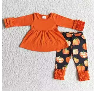 promotion RTS 6 A21-12 Halloween Pumpkin Orange Ruffles Tunic Girls Long Sleeve Pants Outfits