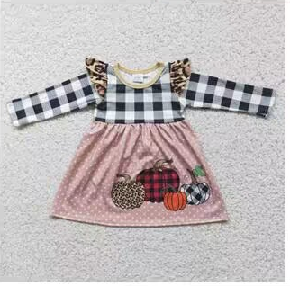 promotion RTS 6 A14-18 Halloween Pumpkin Pink Plaid Girls Long Sleeve Dresses