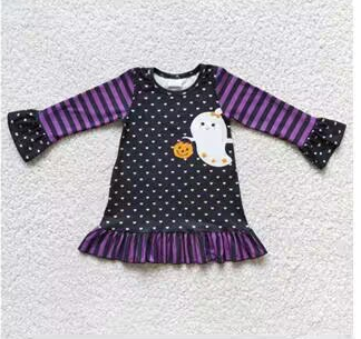 Promotion RTS 6 C6-22 Halloween Black Purple Pumpkin Ghost Cartoon Girls Flutter Sleeve Dresses
