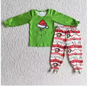 Clearance 6 A20-4 Christmas Red Green Santa Cartoon Girls Long Sleeve Bell Bottom Pants Outfits