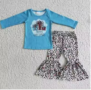 promotion RTS 6 B6-36 Christmas Tree Blue Leopard Girls Long Sleeve Pants Outfits