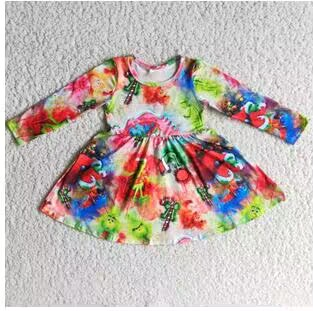 Clearance 6 A15-3 Christmas Green Red Cartoon Girls Long Sleeve Dresses