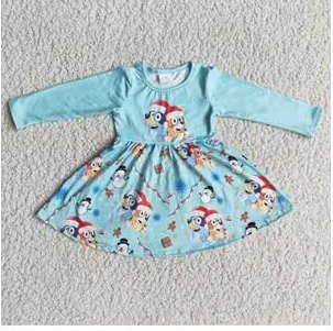 6 A20-27 Christmas Blue Dog Cartoon Girls Long Sleeve Dresses