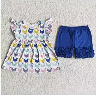 promotion RTS A10-11 Farm Life Blue Chicken Girls Flutter Sleeve Shorts Outfits