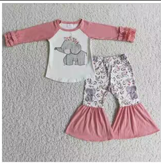 promotion Clearance 6 A28-18 Pink Elephant Girls Long Sleeve Bell Bottom Pants Outfits