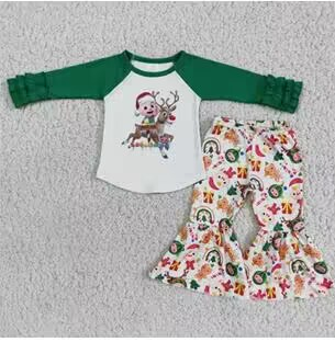 Clearance 6 A18-20 Christmas Red Green Co Cartoon Girls Long Sleeve Bell Bottom Pants Outfits
