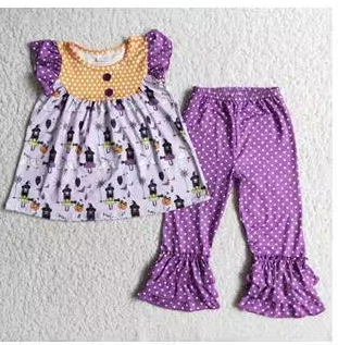 D2-3 Halloween Purple Yellow Tunic Girls Short Sleeve Pants Outfits