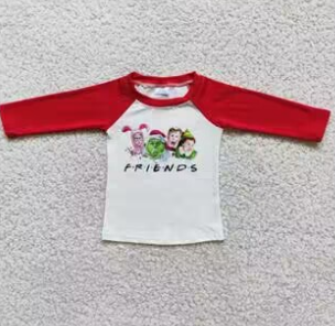 Clearance 6 B10-22 Merry Christmas Friend Red Green Cartoon Boys Long Sleeve Top T-shirts