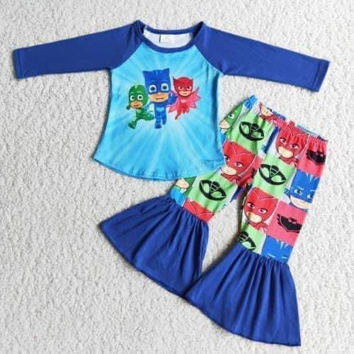 promotion RTS 6 C9-3 Blue Red Speed Cartoon Girls Long Sleeve Bell Bottom Pants Outfits