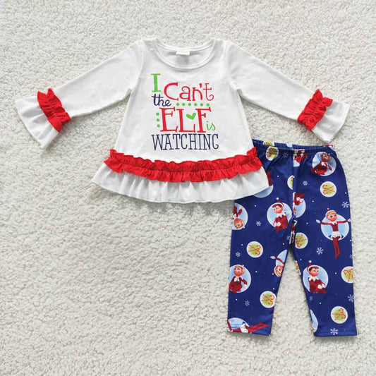 GLP0641 Christmas Red Blue Cartoon I can't Watching Girls Long Sleeve Pants Outfits