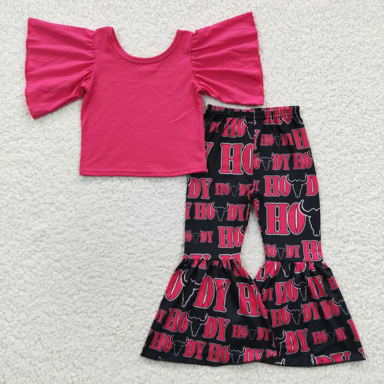 GSPO0610 Pink Howdy Western Girls Short Sleeve Bell Bottom Pants Outfits