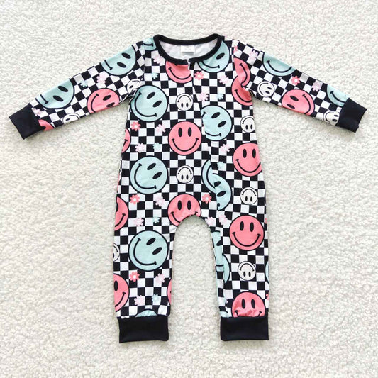 LR0304 Black Plaid Smile Emoji Cartoon Pink Zipper Girls Long Sleeve Romper