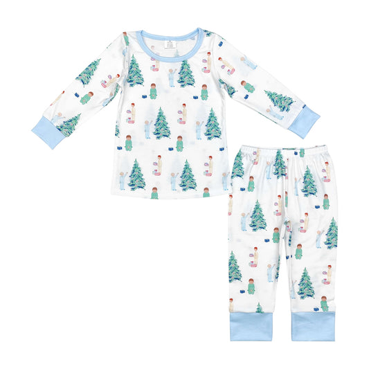 BLP0633 Modal Boys Christmas Tree gift Blue and white long sleeve pants bamboo pajamas set