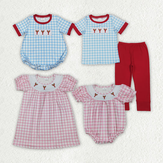 Sibling Matching Clothes Embroidered Mardi Gras Apparel Crayfish Pattern Short Sleeve Clothing 202511 RTS