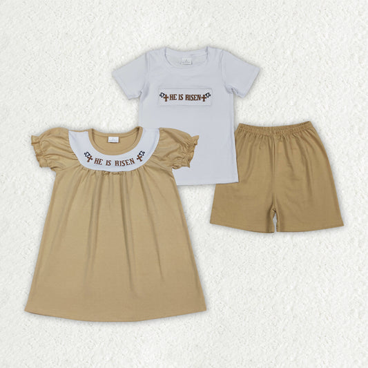 Sibling Matching Clothes Embroidered Easter He is Risen Cross Kids Clothes Sets 202601 RTS