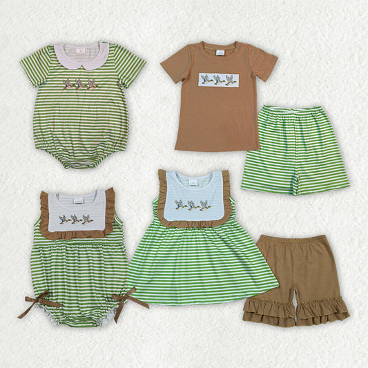 Sibling Matching Clothes Embroidered Duck Hunting Green Stripe Girls Boys Sets 202605 RTS