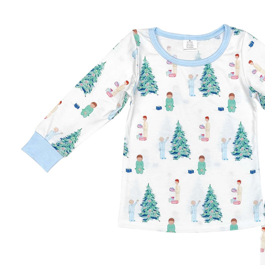 BLP0633 Modal Boys Christmas Tree gift Blue and white long sleeve pants bamboo pajamas set