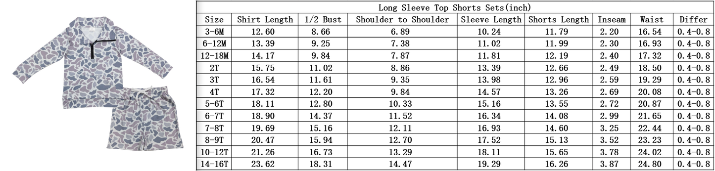 BLS0027 NEW Brown Green Camouflage Zip up Collar Long-Sleeved Shorts Boys Sets 202512 RTS