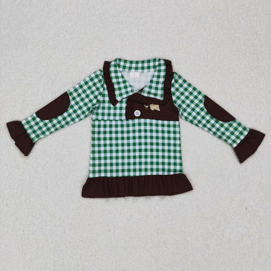 GT0284 Green Plaid Dog Duck Winter Girls Long Sleeve Top Collar T-Shirts