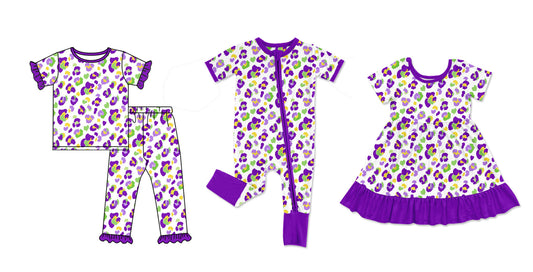 Preorder MOQ 5 pcs Each Style Mardi Gras Leopard Purple Kids Matching Clothes 202609