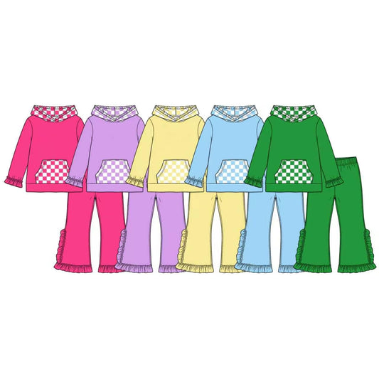 Preorder MOQ 5 pcs Each Color Solid Color Ruffles Plaid Hoodie Girls Set-2026.8.20