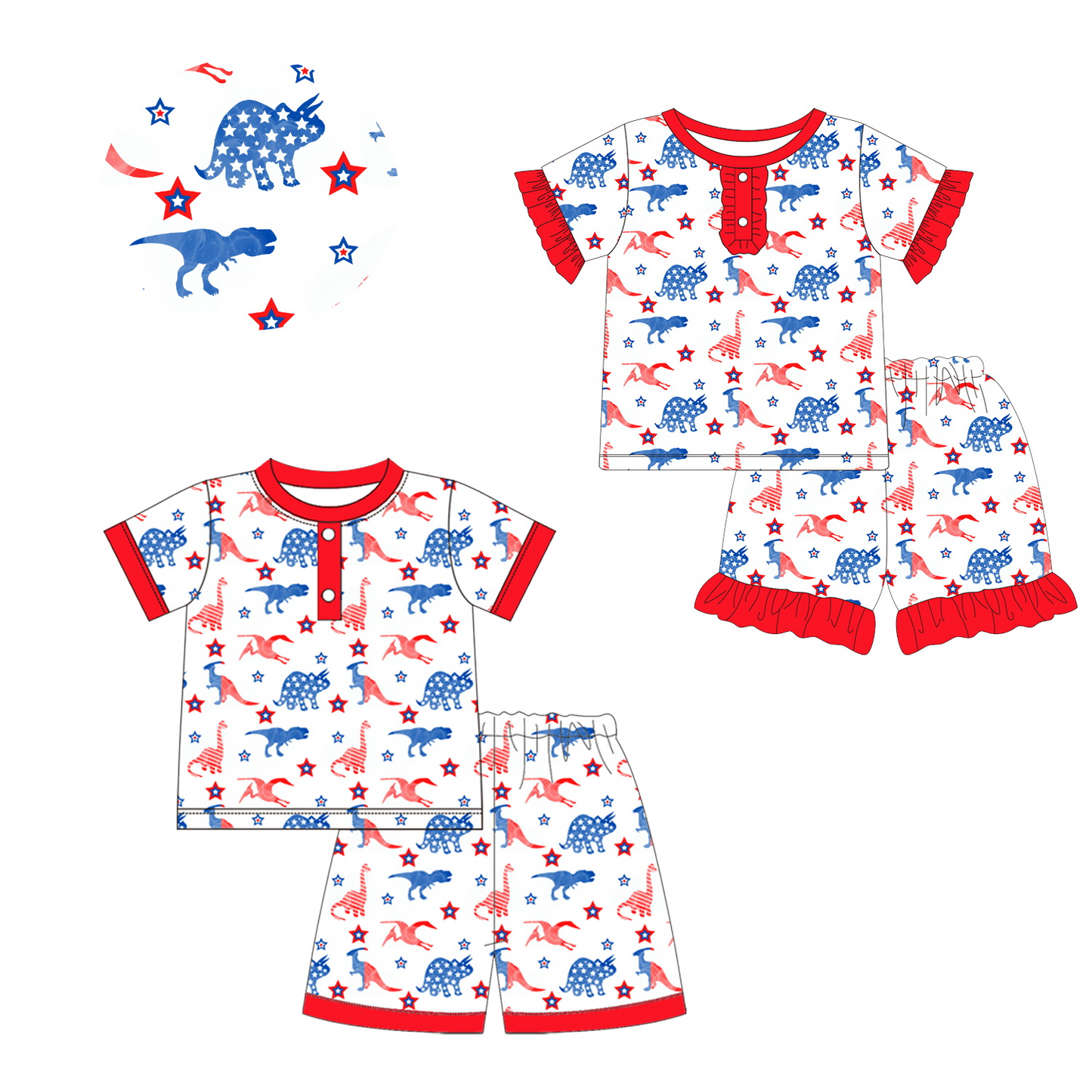 Preorder BSSO0644 4th of July red blue flag Dinosaur Boys Short Sleeve Shorts Outfits
