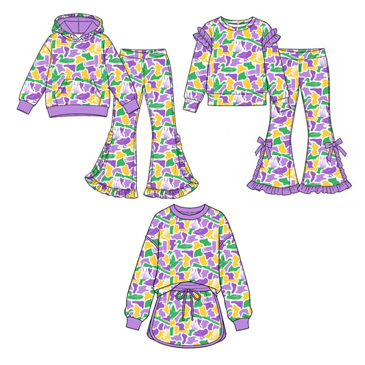 Preorder MOQ 5 pcs Each Style Mardi Gras Camo Ruffles Kids Matching Clothes 202609