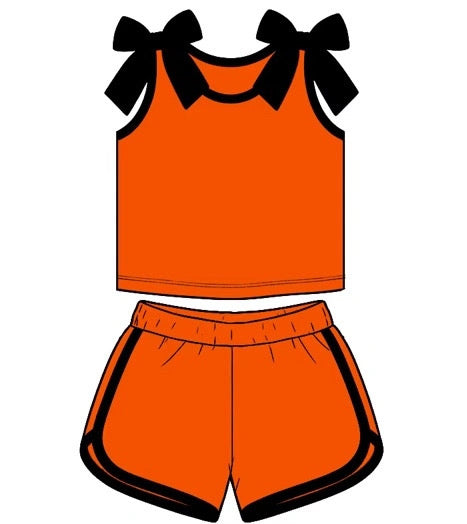 CUSTOM MOQ 5 PCS Preorder GO TEAM Bows Black Orange Sleeveless Shorts Girls Sets 202608