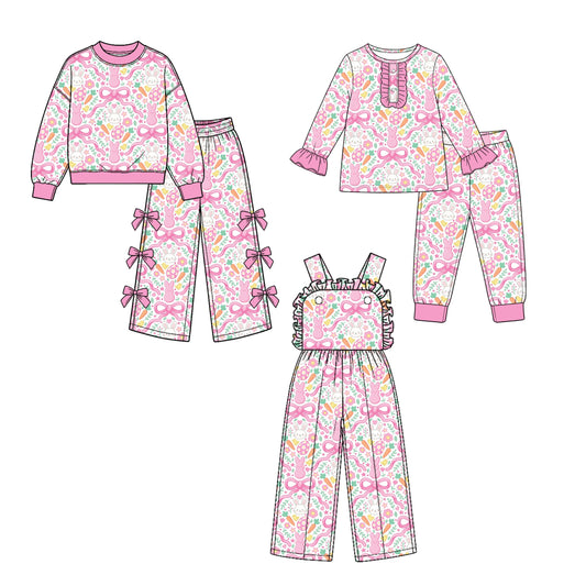 Preorder MOQ 5 pcs Each Style Easter Bunny Flower Bows Pink Kids Matching Clothes