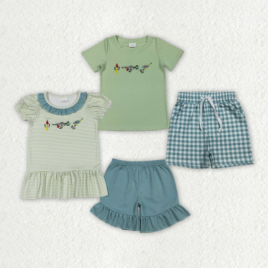 Sibling Matching Clothes Embroidered Fishing Pattern Blue Green Kids Clothes Sets 202601 RTS
