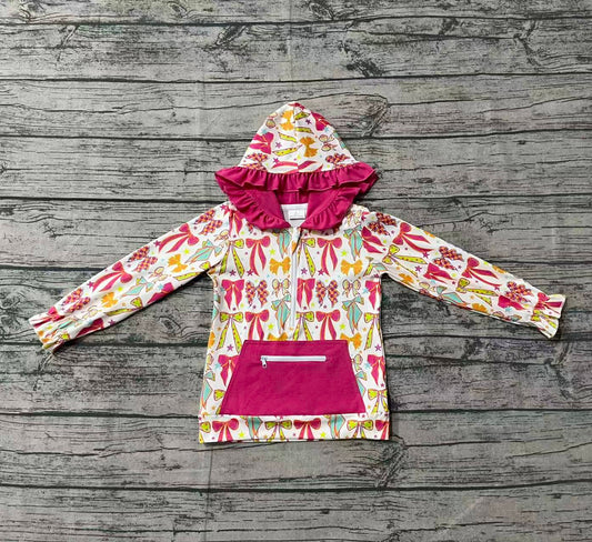 GT1121 Bows Pattern Rose Red Zippy Hooded Long Sleeve Girls Top 202509 RTS