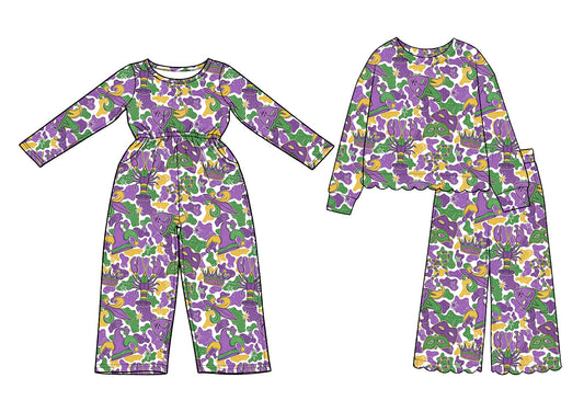 Preorder MOQ 5 pcs Each Style Mardi Gras Mask Camo Girl's Jumpsuit & Scallop Edge Set Kids Matching Clothes 202609